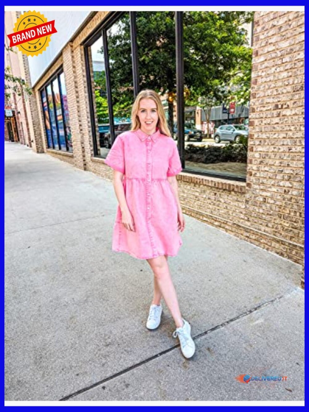 Short Sleeve Button Down Flowy Tiered Babydoll Denim Dress - Picture 4 of 7